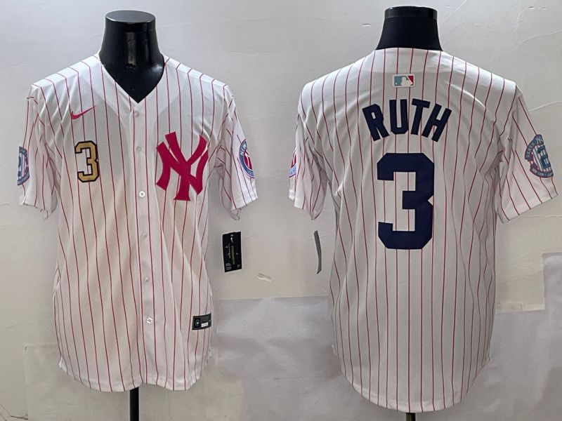 Men New York Yankees 3 Ruth White Stripe Jointly Name Nike 2025 MLB Jersey style 4
